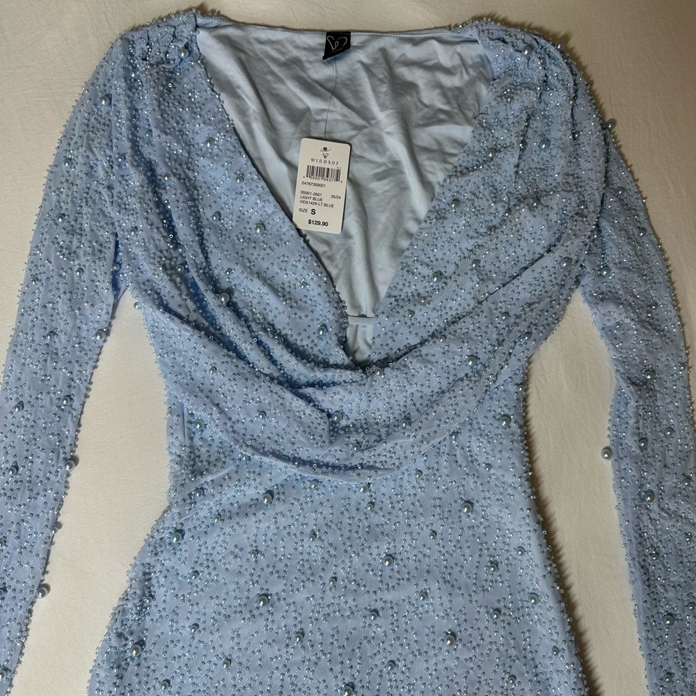 Bianca Long Sleeve Faux Pearl Beaded Mini Dress - Picture 7 of 11